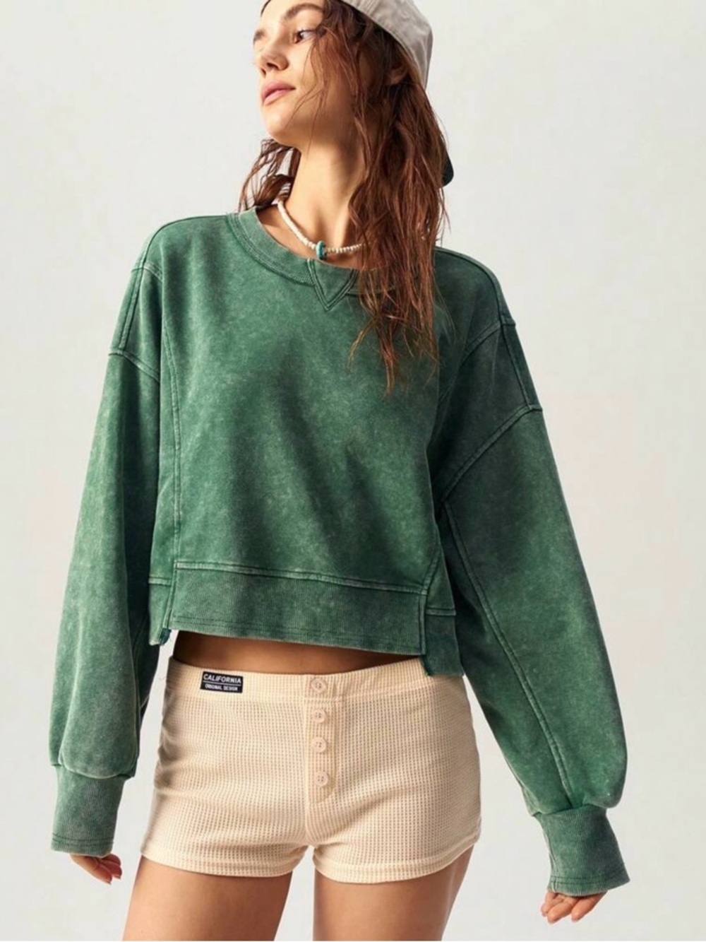 SHEIN Olive Green Cropped Crewneck Sweatshirt